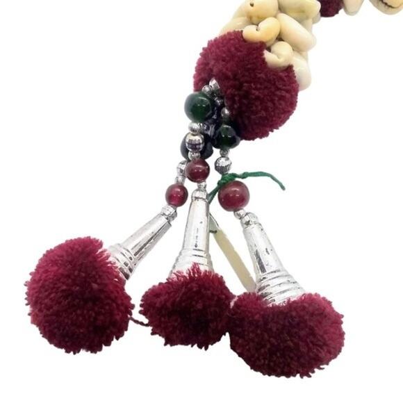 Handmade Puka Shell and Pompom Bird Circle Decorative Wall Hanging Maroon Gold - Picture 3 of 3